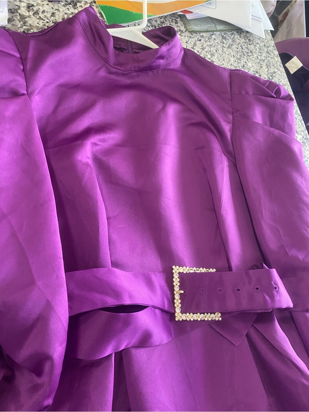 Purple Puff-Sleeve Midi Dress with Rhinestone Belt - Picture 8 of 9